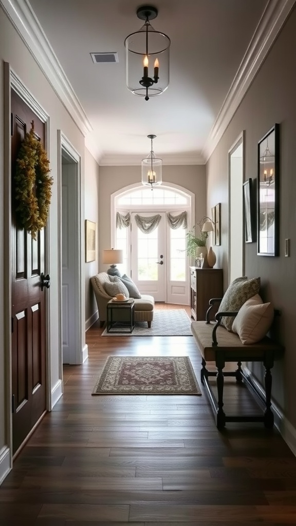 A cozy hallway with a warm entryway featuring soft lighting, a comfortable seating area, and wooden floors.