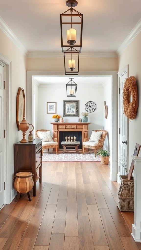 A welcoming entryway with wooden floors and lantern-style lighting leading to a cozy living room.