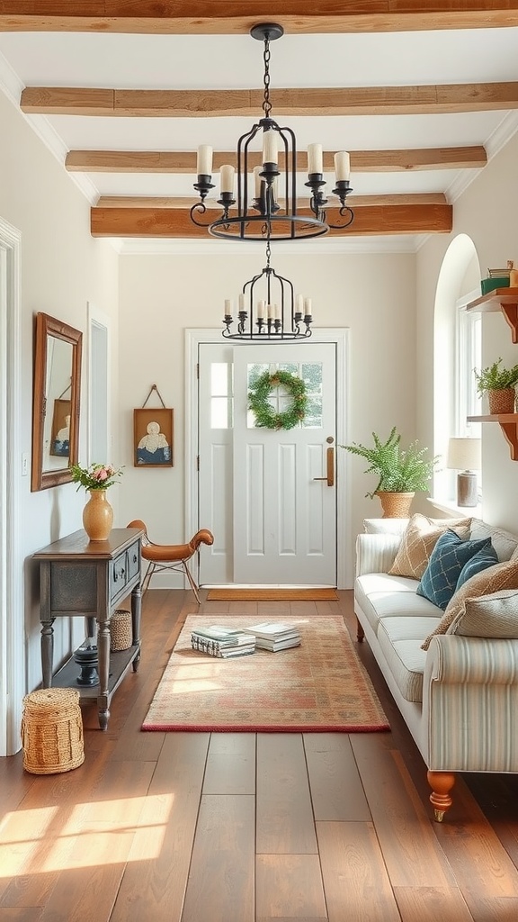 A cozy French country-style entryway with wood beams, a chandelier, and a welcoming sofa.