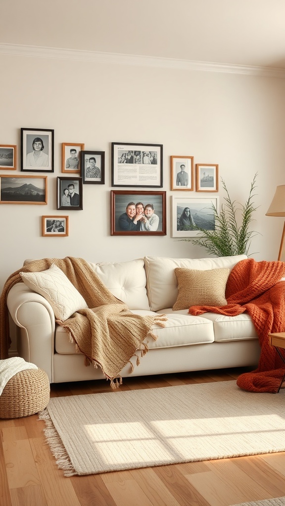 A cozy living room featuring a cream couch adorned with cozy blankets, framed family photos on the wall, and a warm atmosphere.