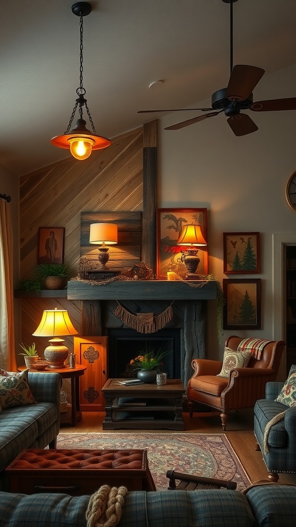 A cozy western-style living room with warm lighting and rustic decor