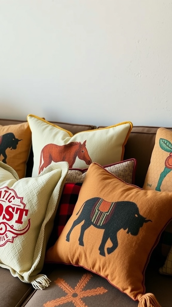 A collection of western-themed throw pillows featuring designs of horses, buffalo, and rustic patterns, placed on a couch.