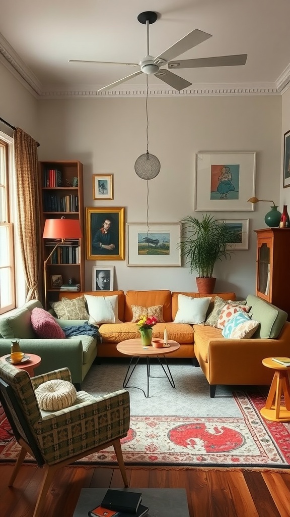 A cozy living room featuring colorful sofas, framed artwork, plants, and a warm ambiance.