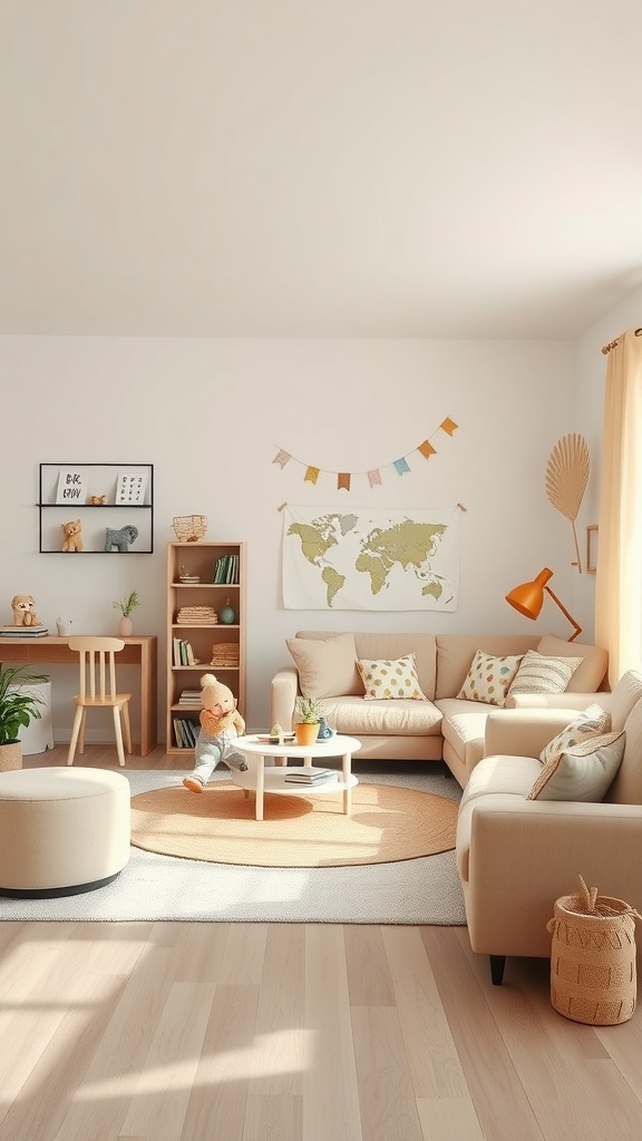 A beige-themed playroom with a cozy sofa, playful decor, a world map, and comfortable seating.