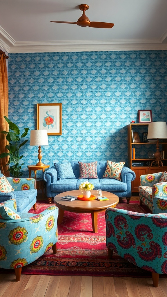 A whimsical living room featuring blue sofas, patterned chairs, and vibrant wallpaper.