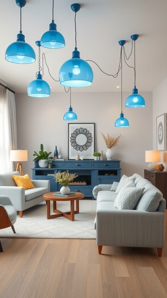 A living room with whimsical blue pendant lighting, gray sofas, and a wooden coffee table.