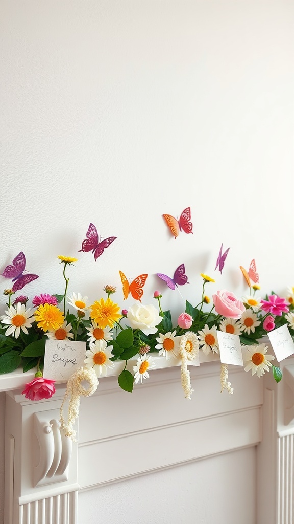 Colorful spring garland with flowers and butterflies on a white mantle