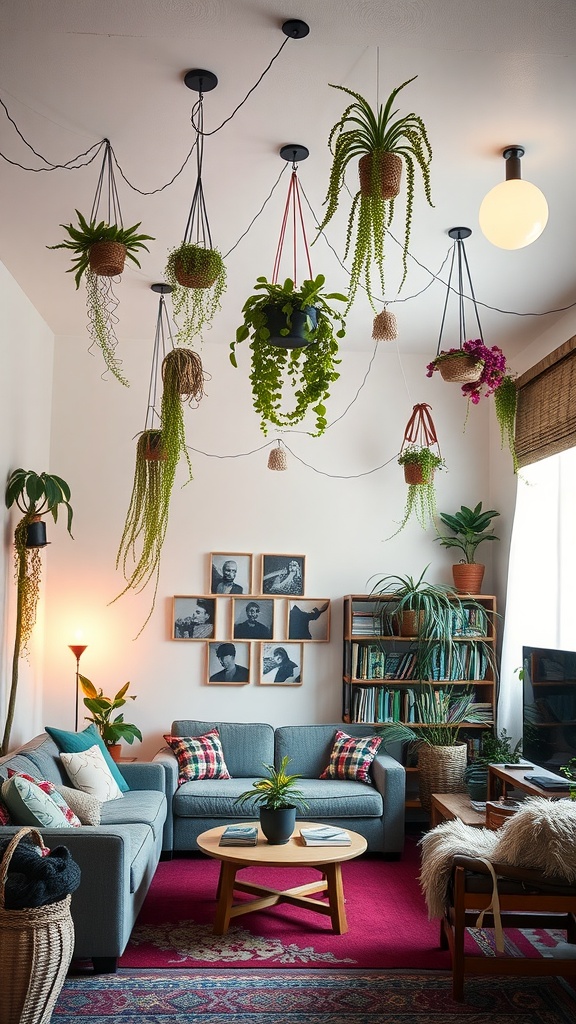 A boho-style living room showcasing whimsical ceiling decor with hanging plants.