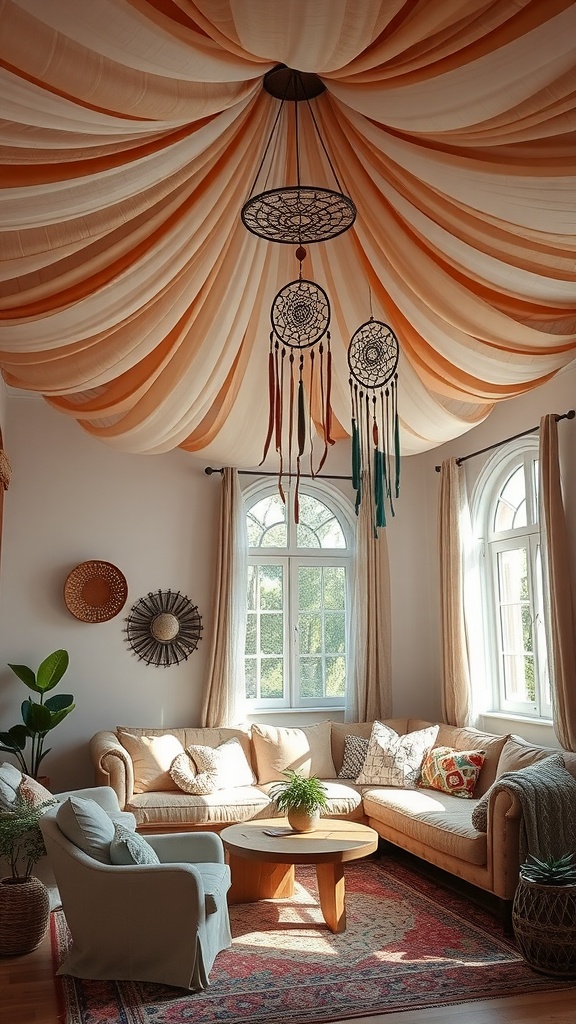 A cozy living room with a draped ceiling in warm colors and dreamcatchers.