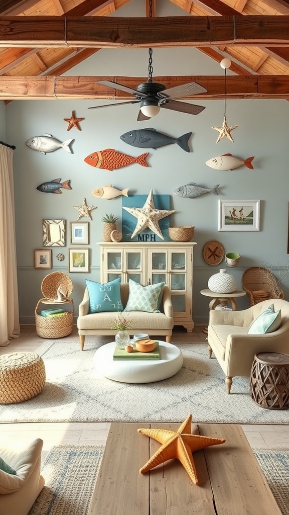 A whimsical coastal living room decorated with fish and starfish wall art, featuring soft beige furniture and a starfish centerpiece.