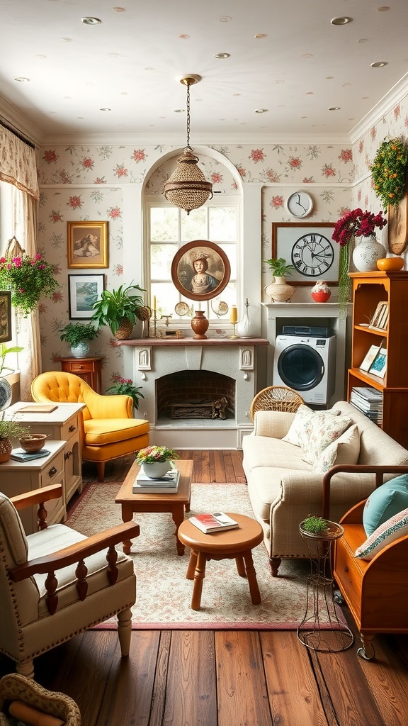 Cozy vintage living room with floral wallpaper, yellow armchair, plants, and wooden furniture.