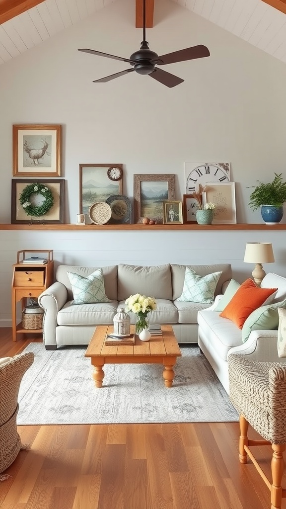 Cozy living room with a rustic coffee table, light-colored sofas, and decorative elements on the wall and shelf.