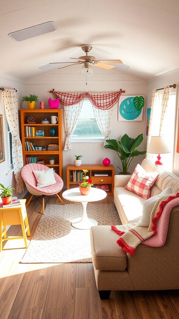 A cozy mobile home living room with colorful decor, plants, and playful furniture.