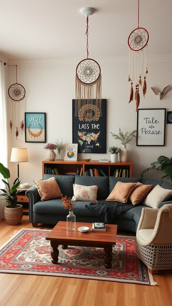 A modern boho living room featuring dreamcatchers, a cozy sofa with decorative pillows, warm lighting, and potted plants.