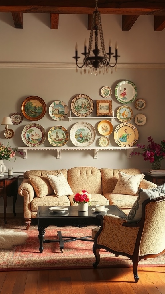 A cozy French country living room with whimsical decorative plates on the wall above a beige sofa.