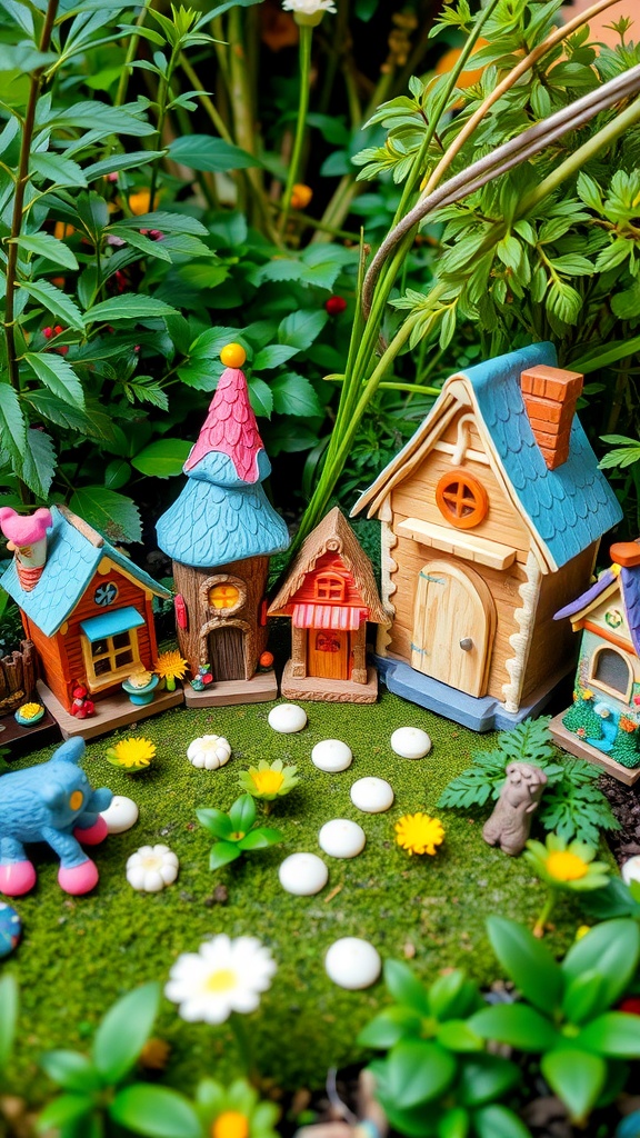 A colorful fairy garden with tiny houses and vibrant plants