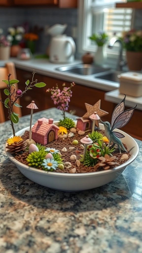 A whimsical fairy garden centerpiece with tiny houses, flowers, and decorative mushrooms in a bowl on a kitchen table.