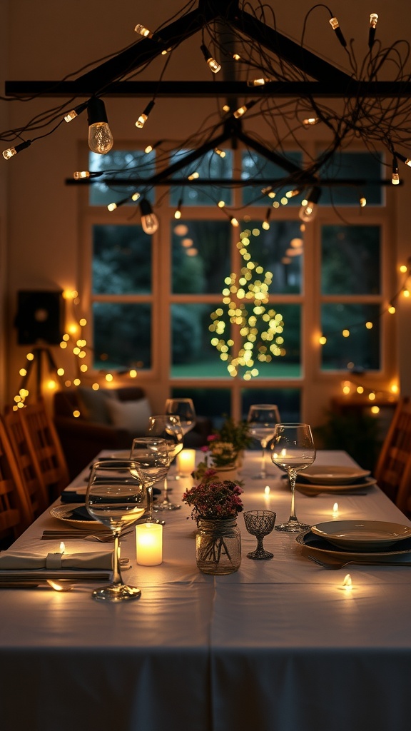 A beautifully set dinner table with fairy lights hanging above, creating a warm and inviting atmosphere.