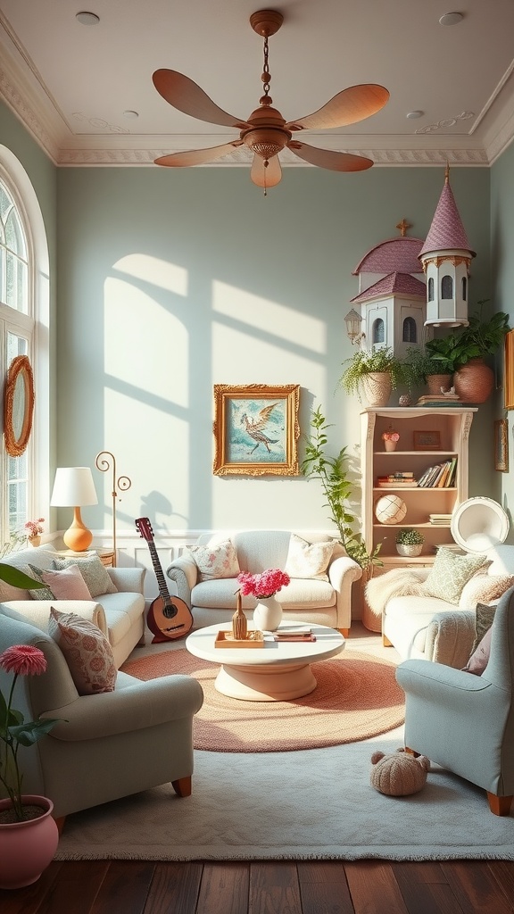 A whimsical fairy tale themed living room with pastel colors, cozy furniture, and playful decor.