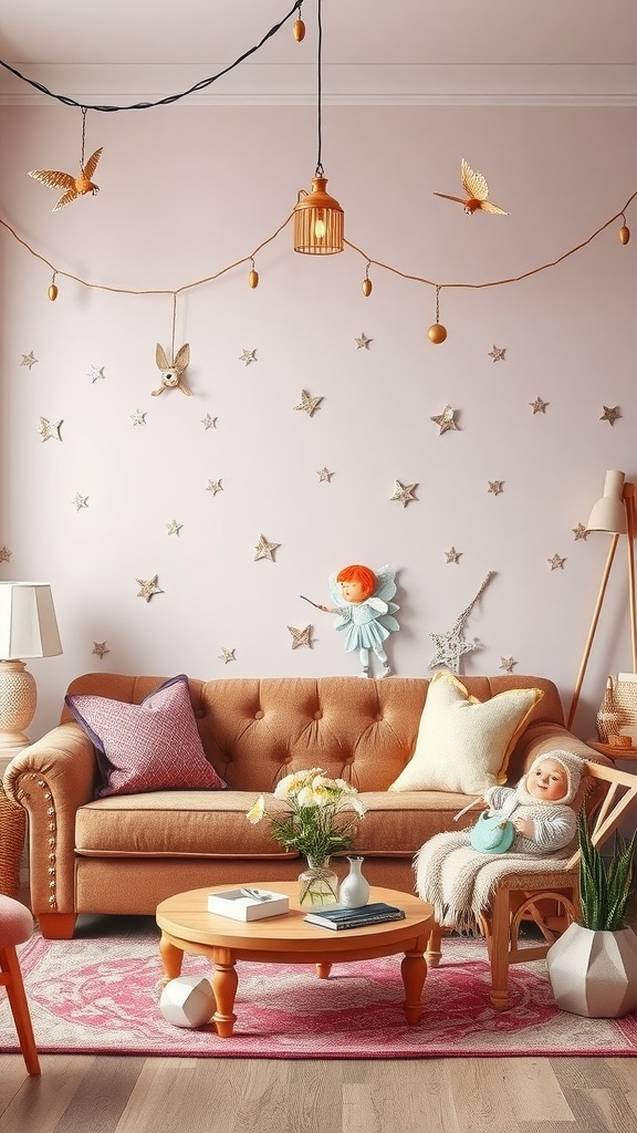 Cozy living room with a brown couch, whimsical decorations, and a fairy tale vibe.