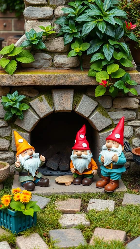 Three colorful garden gnomes gathered around a stone fireplace with greenery and flowers