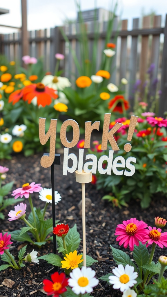 Colorful garden with a stake that reads 'york! blades' surrounded by various flowers.