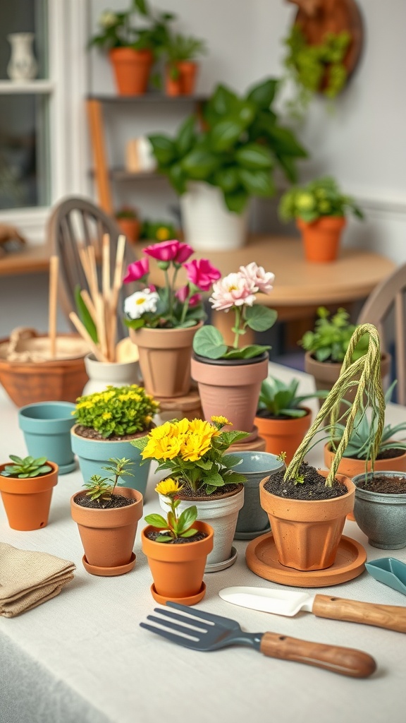 A cheerful spring table decor featuring various potted plants and flowers