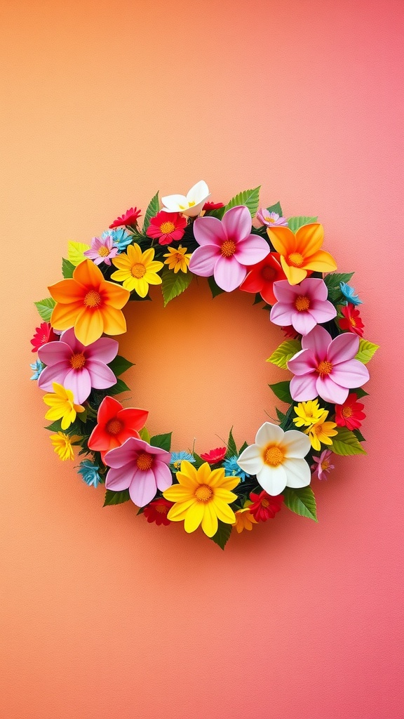 A colorful floral wreath made of various artificial flowers and green leaves against a gradient pink-orange background.