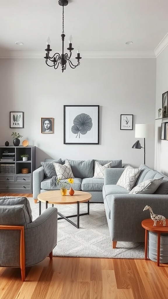 A cozy gray living room with sofas, artwork, and playful accents.