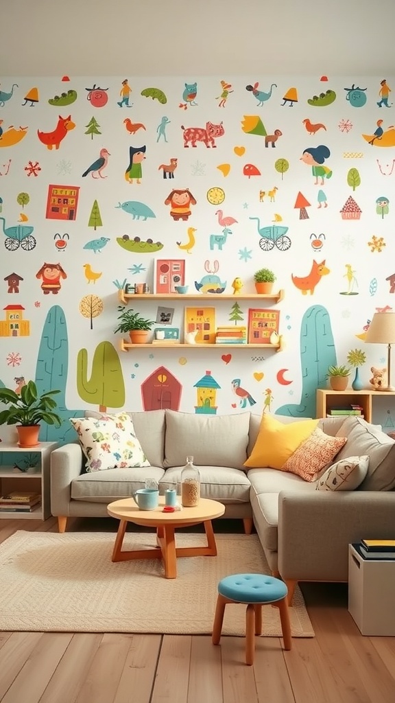 A living room with whimsical illustrated wallpaper featuring colorful characters and playful designs.