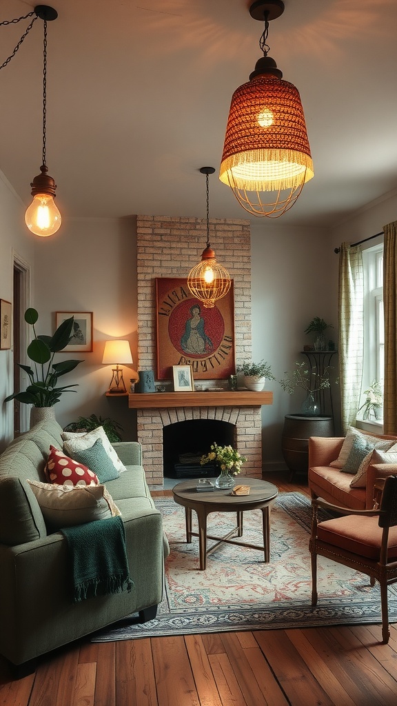 A cozy living room featuring whimsical lighting fixtures and a warm atmosphere.