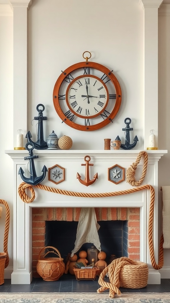 Nautical themed mantel with clock, anchors, and decorative rope