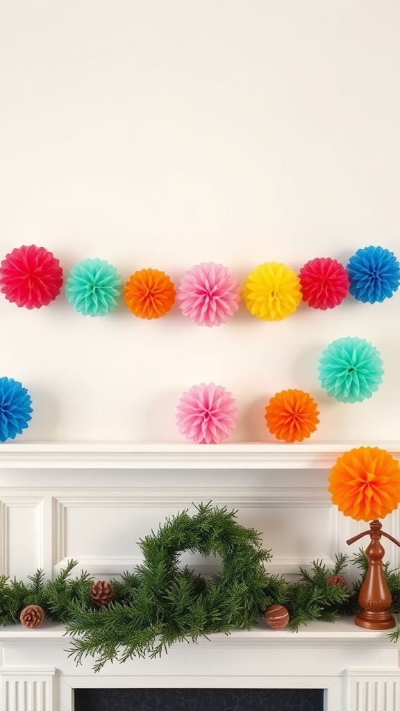 Colorful paper pom poms hanging above a mantle decorated with greenery.