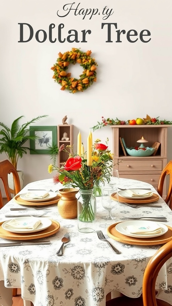 A spring table setting featuring a floral tablecloth, a vibrant flower arrangement, and elegant dinnerware.