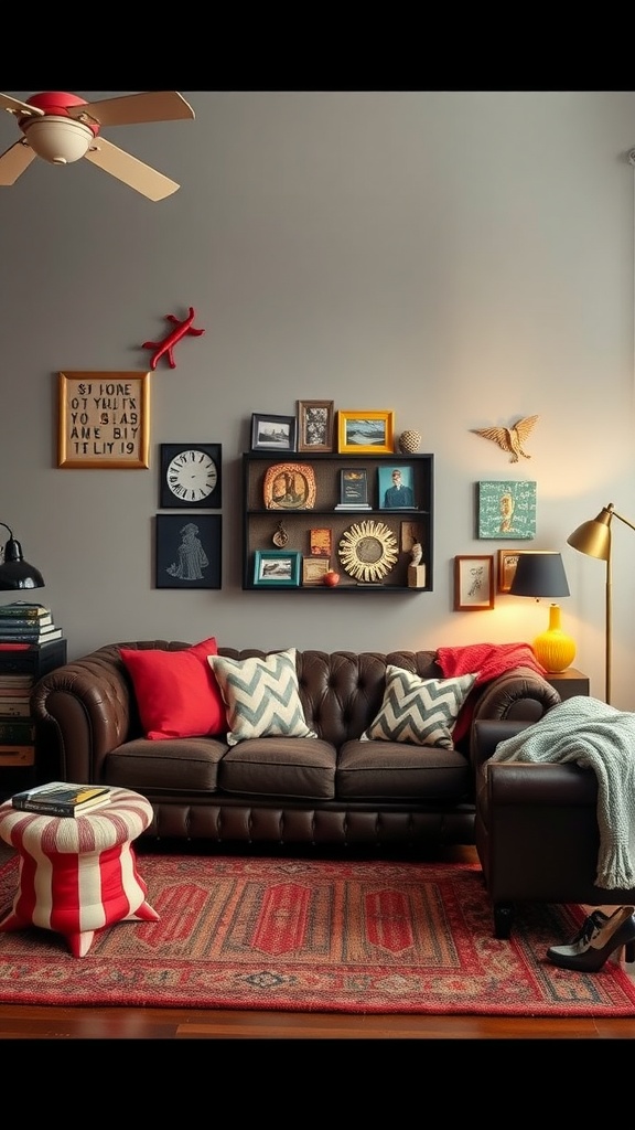 A cozy living room featuring a dark brown sofa, colorful pillows, eclectic wall art, and a playful striped stool.