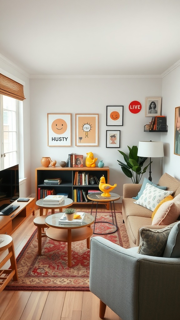 Small living room with whimsical decor, including bright artwork, playful yellow duck, and cozy furniture.