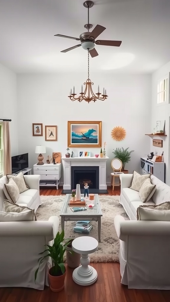 A bright white living room with cozy sofas, colorful artwork, and playful decor elements.