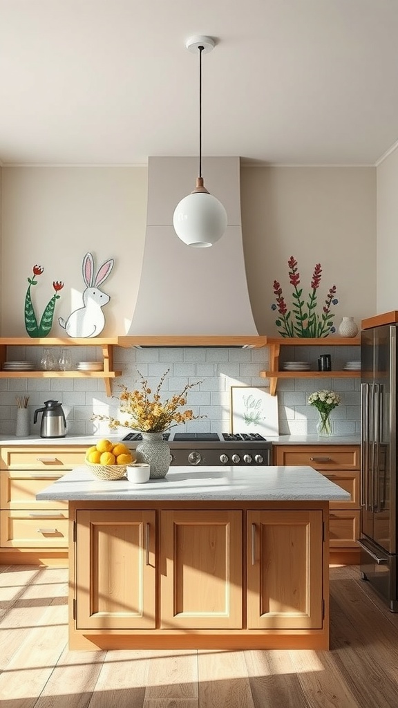 A bright kitchen featuring whimsical wall art, including a bunny and colorful flowers, with a wooden kitchen island and oranges.