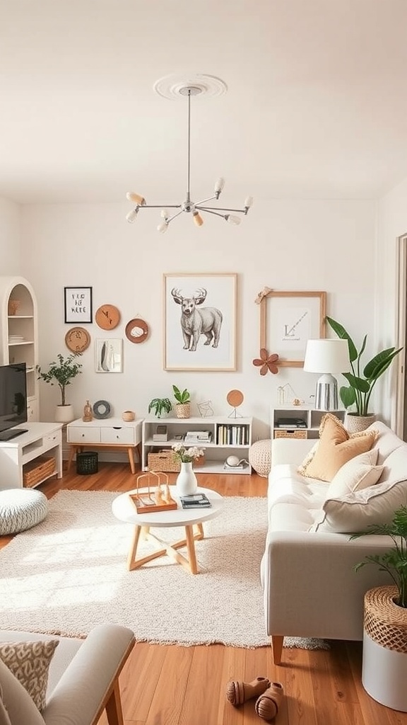 A whimsical white living room with soft furnishings, wooden accents, and decorative wall art.