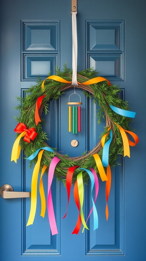 A colorful wind chime wreath featuring ribbons and greenery hanging on a blue door.