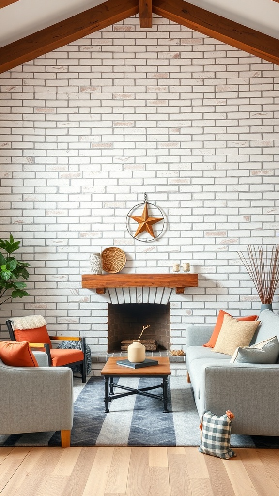 Living room featuring a white-washed brick accent wall with cozy furniture and decor.