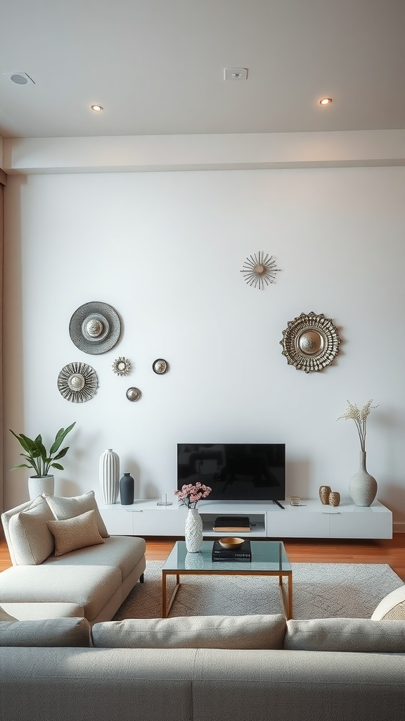 Living room with white accent wall and silver decor