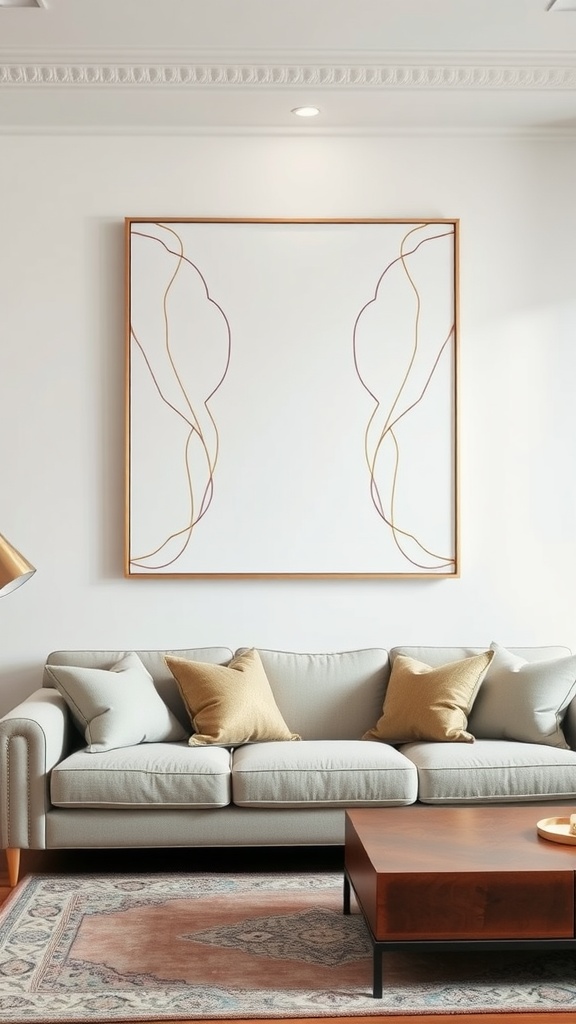 A stylish living room featuring a large gold-framed wall art piece above a light gray sofa with golden pillows.