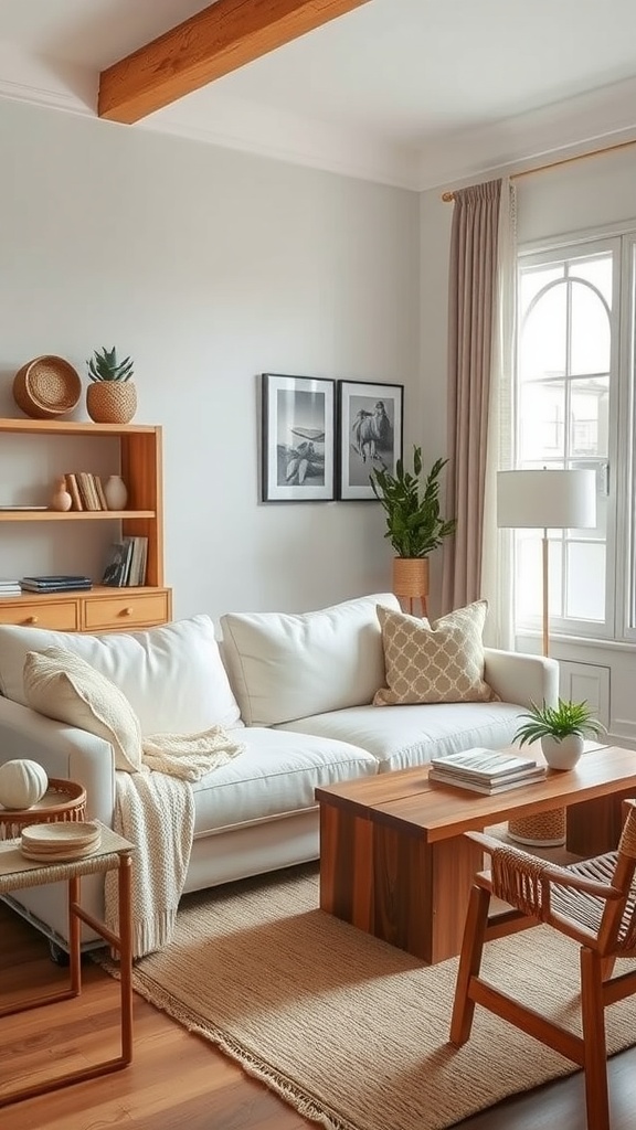 A cozy living room featuring a white sofa, wooden coffee table, and natural decor elements.