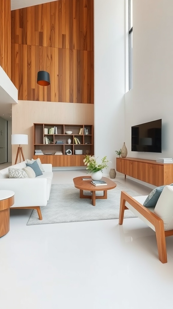 A bright living room featuring a fusion of white furniture and wooden accents, creating a warm and inviting space.