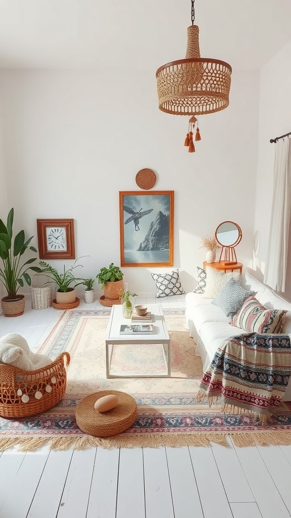 A bright and cozy white living room with bohemian decor, featuring plants, a woven chandelier, and colorful cushions.