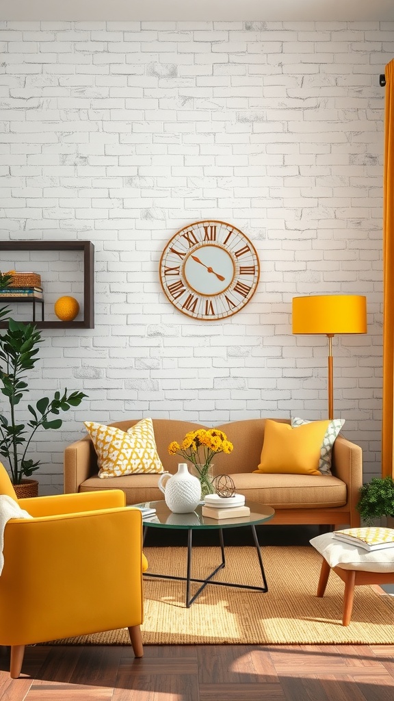 Living room with white brick wall, yellow decor, and cozy seating