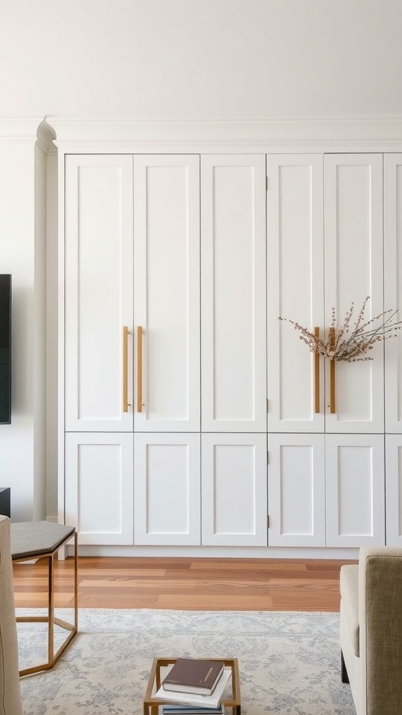 White built-in cabinets with gold hardware in a modern living room