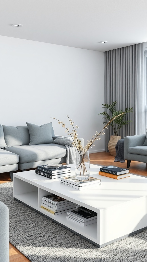 A living room featuring a white coffee table surrounded by grey sofas, decorated with books and flowers.