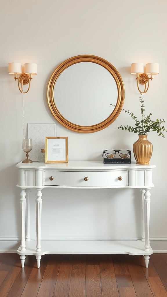 A stylish white console table with gold decor, featuring a round mirror, wall sconces, and decorative items.